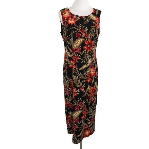 Kathie Lee Soft Shift Midi Dress Boat Neck Sleeveless Size Small Tropical Motif - Picture 1 of 8